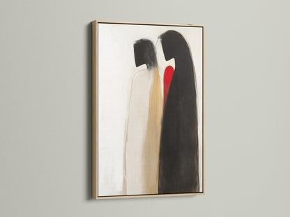 Abstract Couple artwork in an oak Frame. This minimalist love canvas is perfect for modern interiors. The neutral tones of the artwork enhance any space. Ideal for creating a romantic atmosphere in your bedroom or living room.