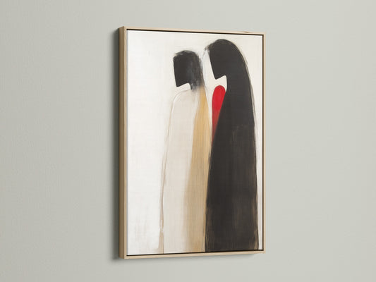 Abstract Couple artwork in an oak Frame. This minimalist love canvas is perfect for modern interiors. The neutral tones of the artwork enhance any space. Ideal for creating a romantic atmosphere in your bedroom or living room.