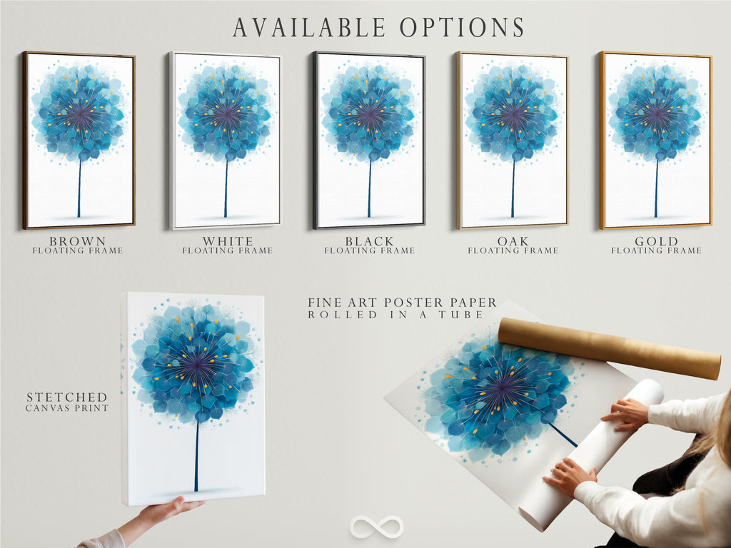 Explore available options for the blue dandelion artwork. Choose from stretched canvas print fine art poster paper or floating frame. Each option enhances the modern botanical artwork uniquely. Customize your selection today.