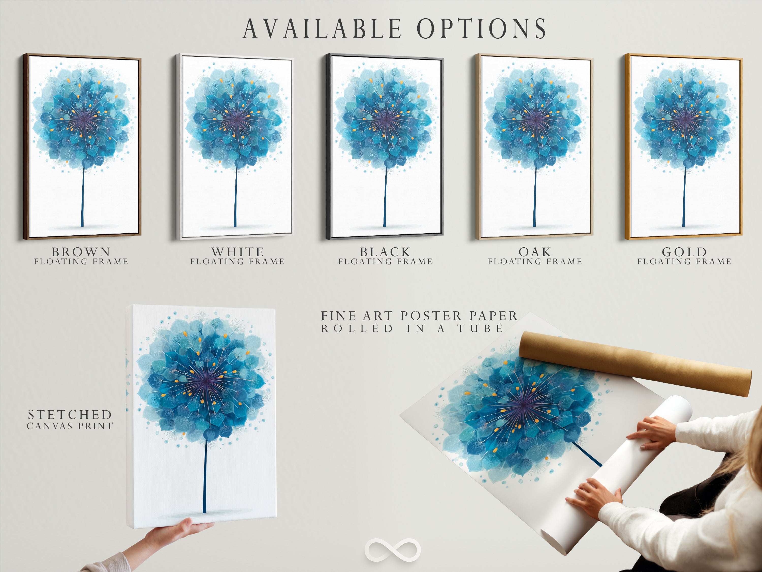 Explore available options for the blue dandelion artwork. Choose from stretched canvas print fine art poster paper or floating frame. Each option enhances the modern botanical artwork uniquely. Customize your selection today.