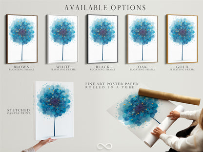 Explore available options for the blue dandelion artwork. Choose from stretched canvas print fine art poster paper or floating frame. Each option enhances the modern botanical artwork uniquely. Customize your selection today.