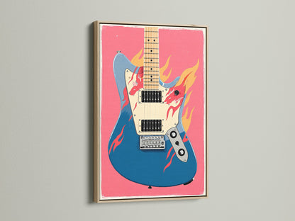 A vibrant electric guitar artwork is showcased in a stylish oak frame. The blue and pink hues make a bold statement. It will add a touch of modern flair to any music room. Perfect for musicians seeking unique wall art.