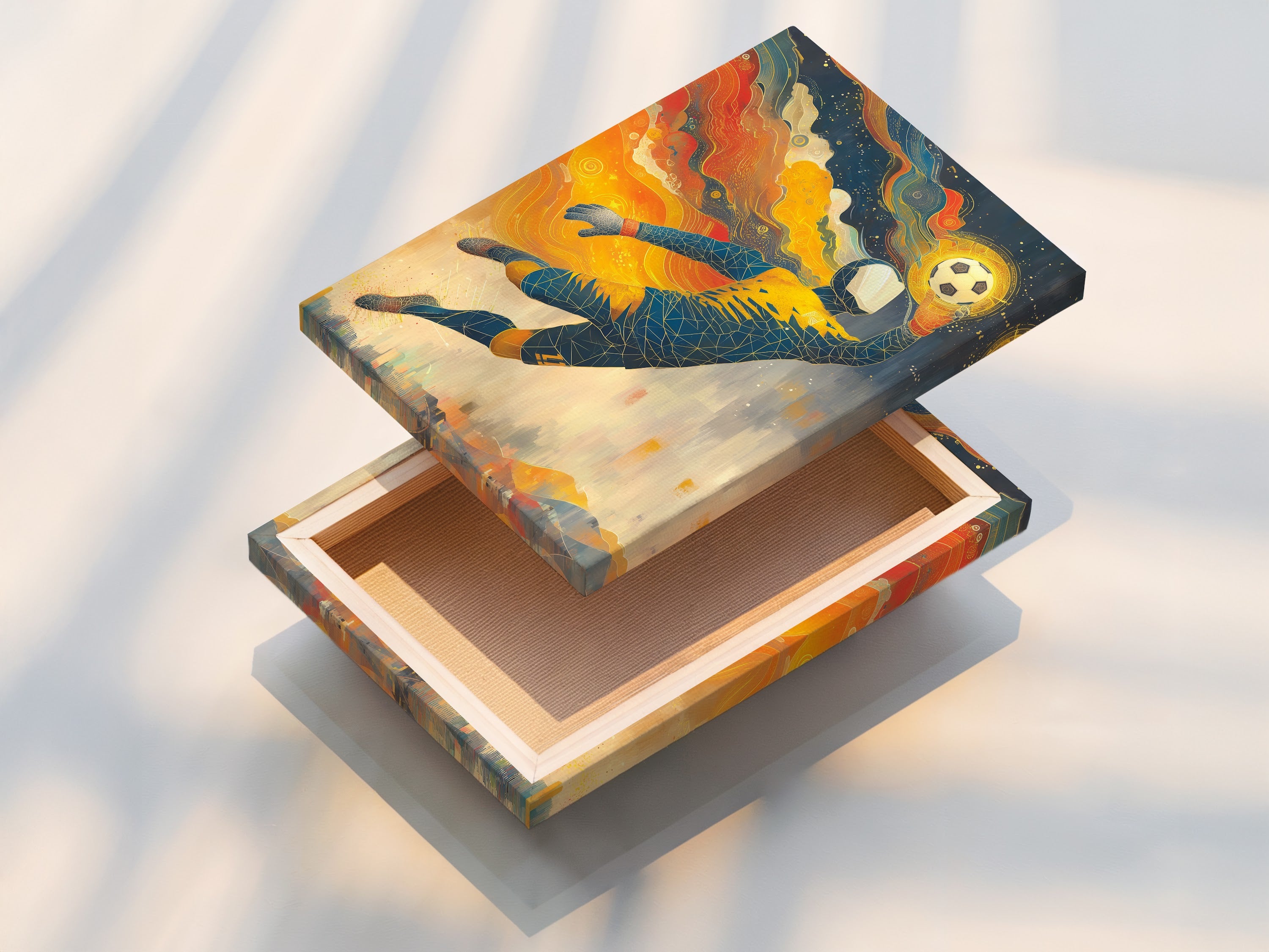 A stretched canvas print of a soccer goalkeeper artwork is displayed. This sports wall decor is ready to hang. The football canvas art is a dynamic piece for any room. Perfect for a boys room or sports bar. This athletic artwork adds energy to your walls.