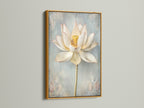 Lotus Flower artwork in a gold floating frame. The botanical print brings a luxurious touch. This floral artwork is perfect for creating a calming atmosphere. Zen artwork for your home or business.