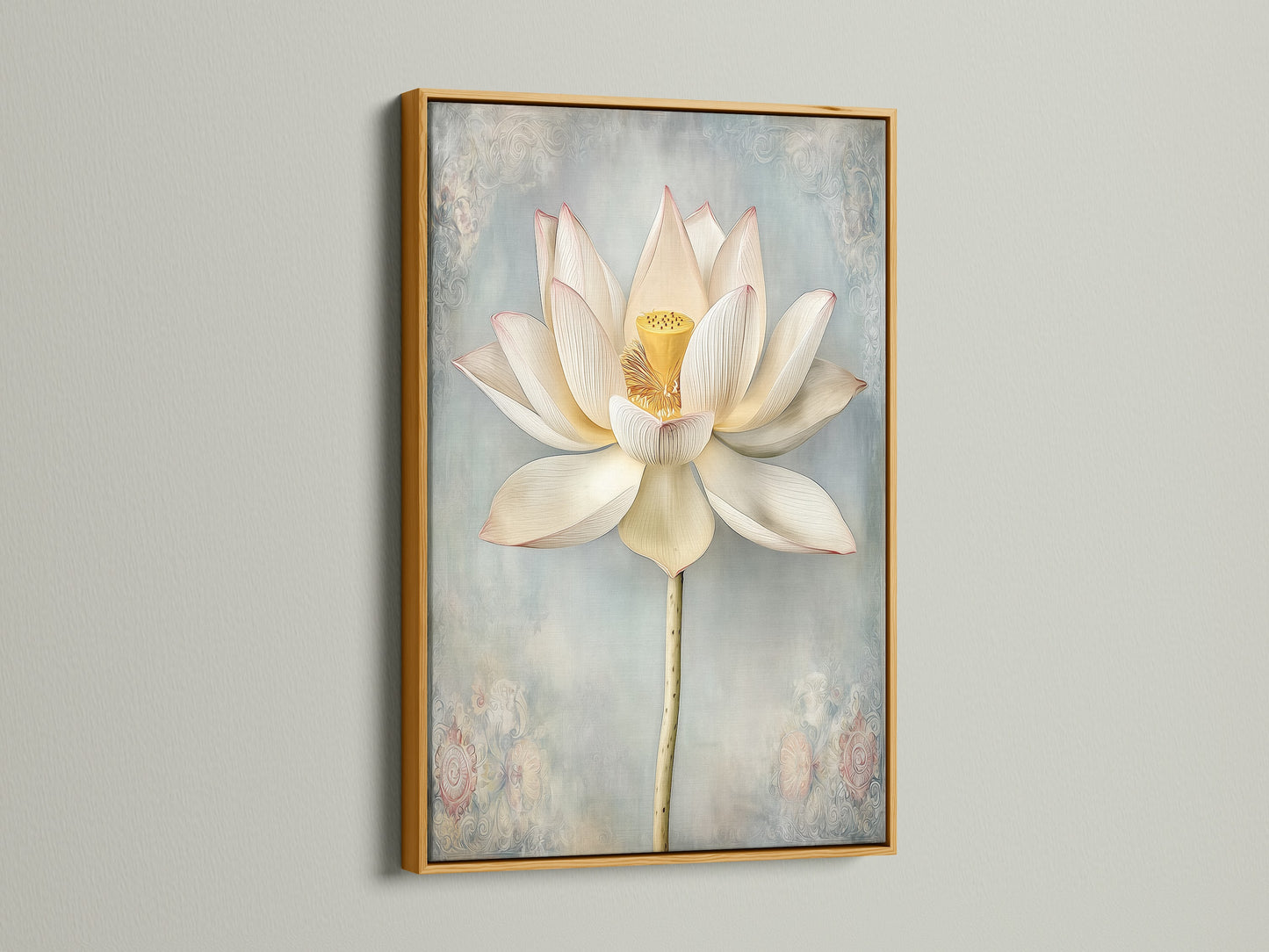 Lotus Flower artwork in a gold floating frame. The botanical print brings a luxurious touch. This floral artwork is perfect for creating a calming atmosphere. Zen artwork for your home or business.