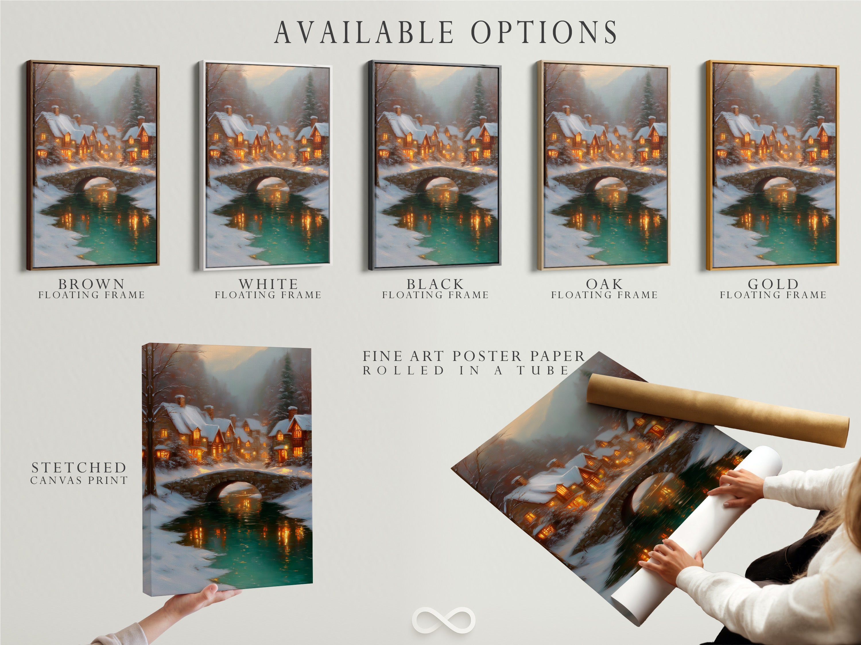 Explore available options for the Winter Village artwork. Choose from a stretched canvas print or fine art poster paper. Consider a floating frame to enhance your snowy cottage print. Perfect for holiday home decor and cozy cabin art.