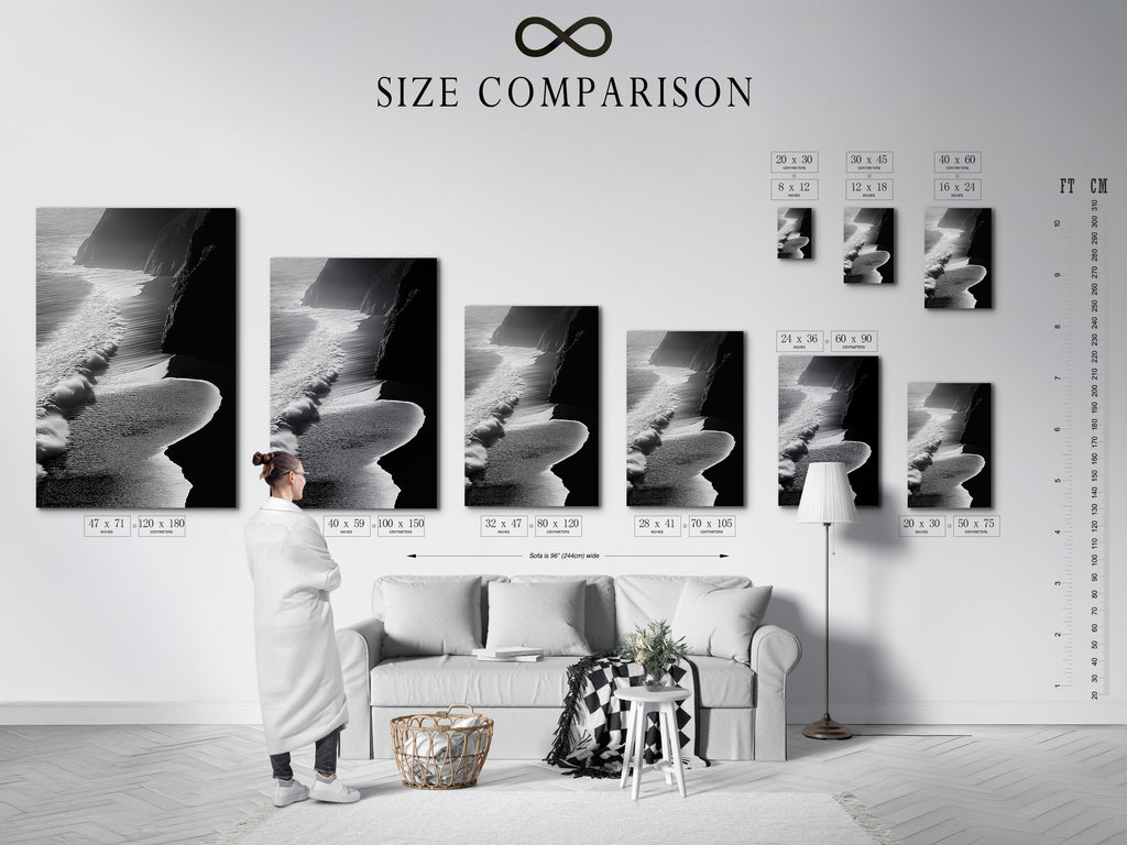Here is a size comparison chart displayed in an interior setting. It shows various options for the ocean waves artwork. See how each size fits in a room. This chart helps you choose the perfect fit for your space. Available as stretched canvas print or fine art poster paper. Ideal for modern coastal decor. Find the right size for your living room or bedroom.