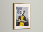 A gold frame adds a touch of luxury to this quirky dog portrait art. The anthropomorphic animal canvas print brings a regal feel to your space. This whimsical wall art is perfect for adding a unique accent. It’s ideal for eclectic home art and modern pet art enthusiasts. The primary color is yellow and secondary color is grey.