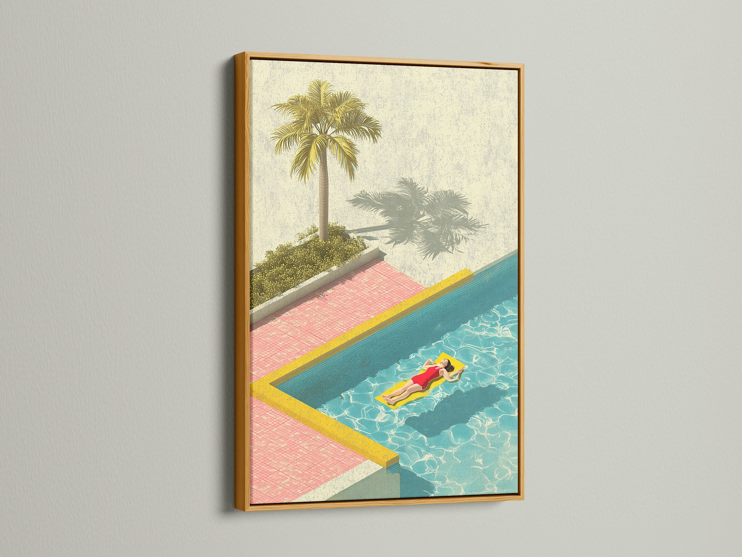 An artwork depicting a woman floating in a pool is presented in a gold frame. The gold frame adds a touch of luxury and elegance. The frame enhances the artwork's vibrant colors. Gold frame is a perfect statement piece. Enhance your space with this framed art.