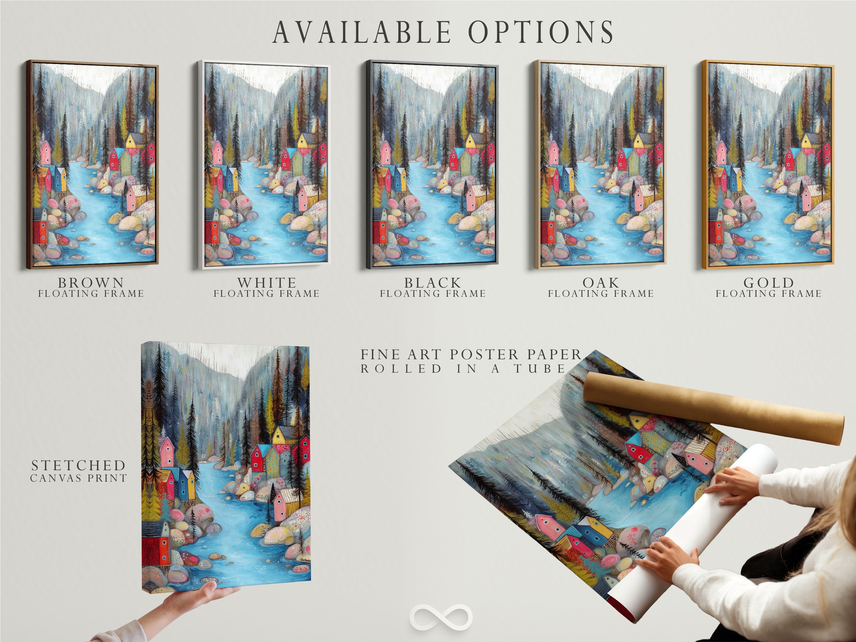 Explore available options for the Village River artwork. Choose from a stretched canvas print. Select a fine art poster paper or a floating frame. Find the perfect format to suit your style and space. Personalize your artwork to match your unique taste.