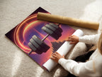 A woman is carefully rolling a fine art poster paper. This is a high-quality print of futuristic art. It is perfect for neon wall art. Great for space fitness art.
