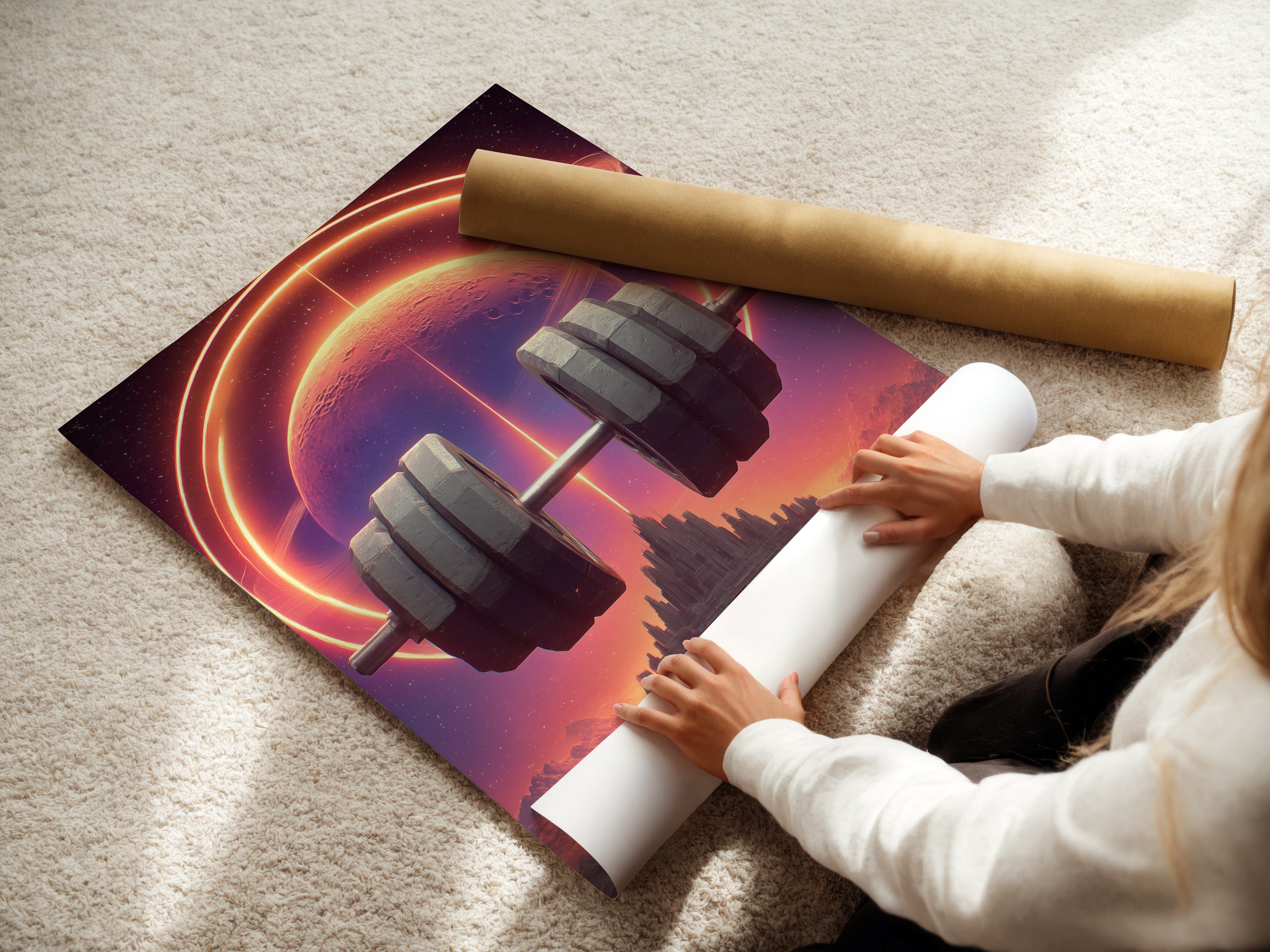 A woman is carefully rolling a fine art poster paper. This is a high-quality print of futuristic art. It is perfect for neon wall art. Great for space fitness art.