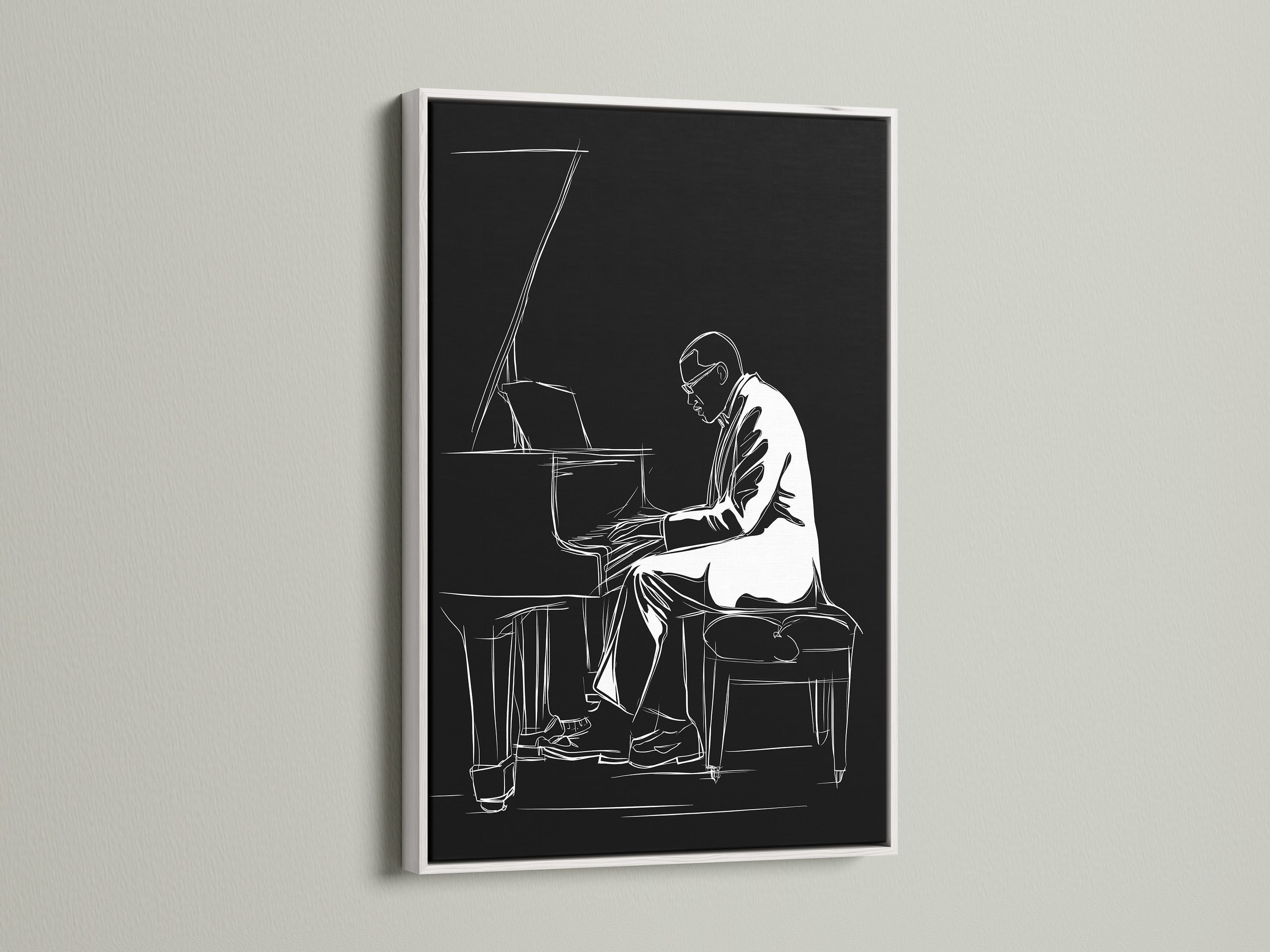Black and White Jazz Piano artwork showcased in a white frame. A simple yet elegant piece of minimalist music artwork. Ideal for music room decor and contemporary wall decor. The white frame adds a clean touch. It's a beautiful piano player print.