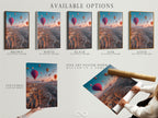 Available options for Cappadocia landscape artwork. Choose from a stretched canvas print. Select fine art poster paper or a floating frame. Find the perfect hot air balloon art for your travel wall decor needs.