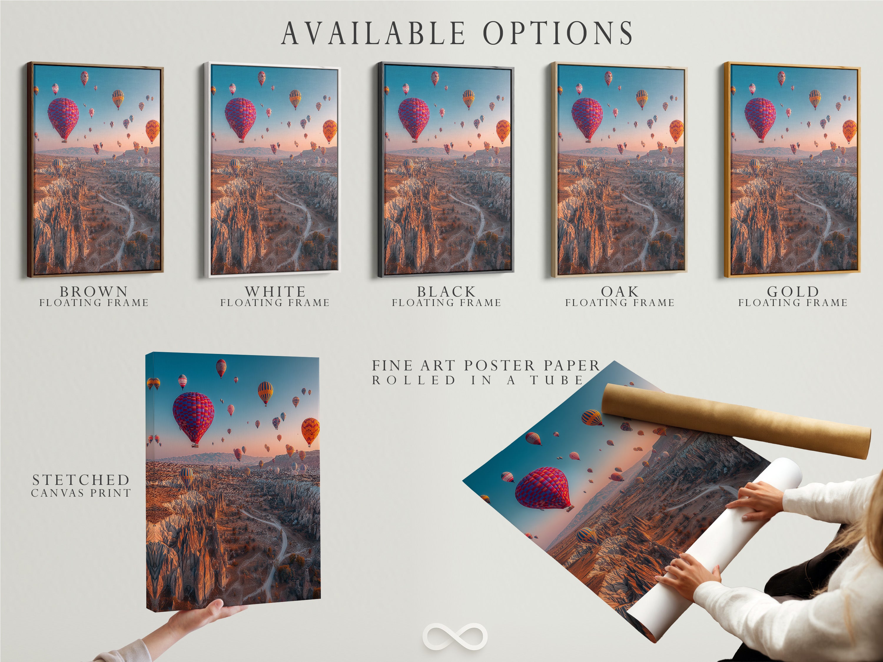Available options for Cappadocia landscape artwork. Choose from a stretched canvas print. Select fine art poster paper or a floating frame. Find the perfect hot air balloon art for your travel wall decor needs.