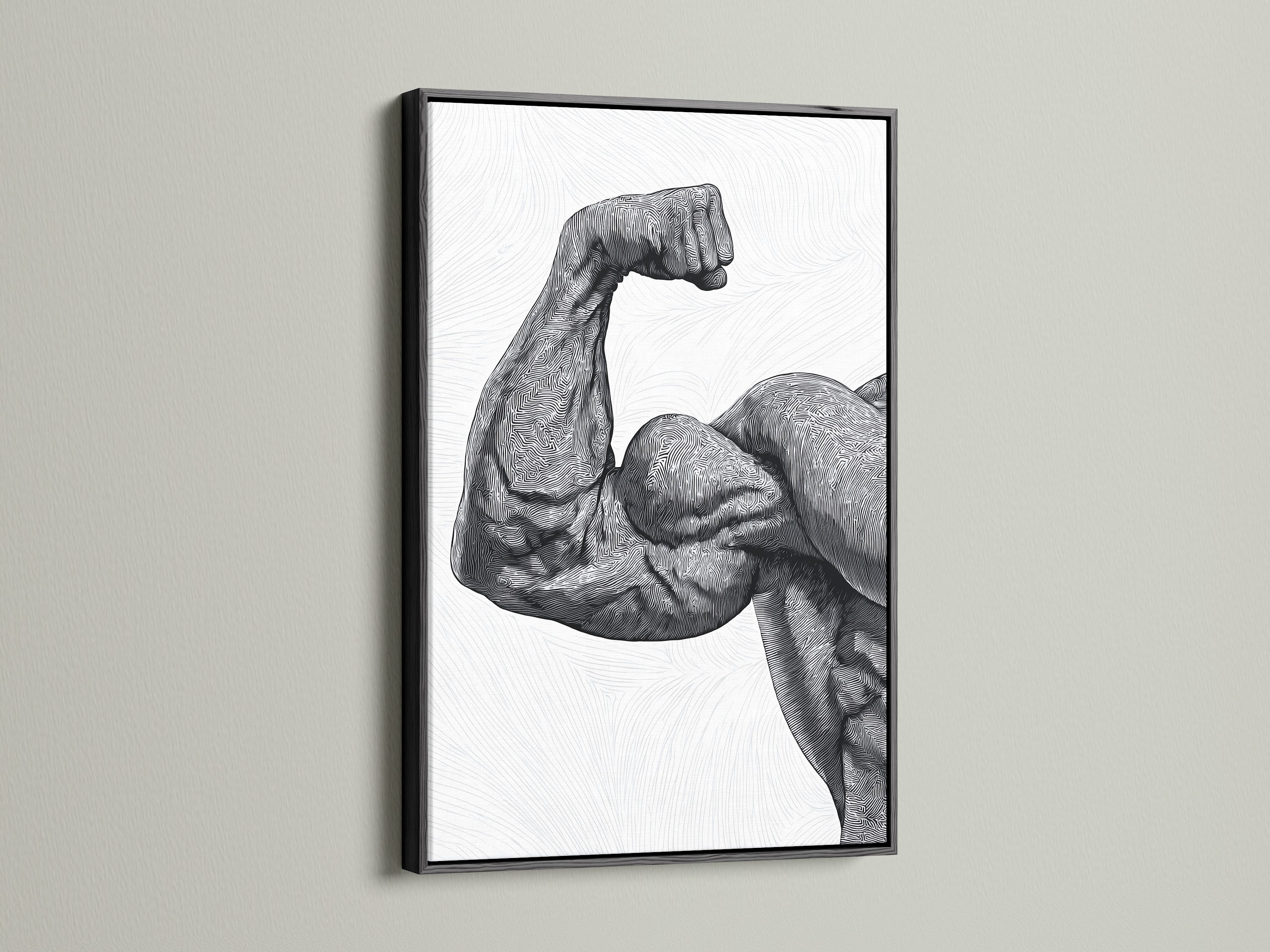 The striking artwork of a flexing arm is showcased in a sleek black frame. Black frames provide a classic and versatile look. Perfect for any interior style. Explore our collection of art prints in black frames. Add a touch of elegance to your home or office. Discover high-quality prints and frames to suit your needs.