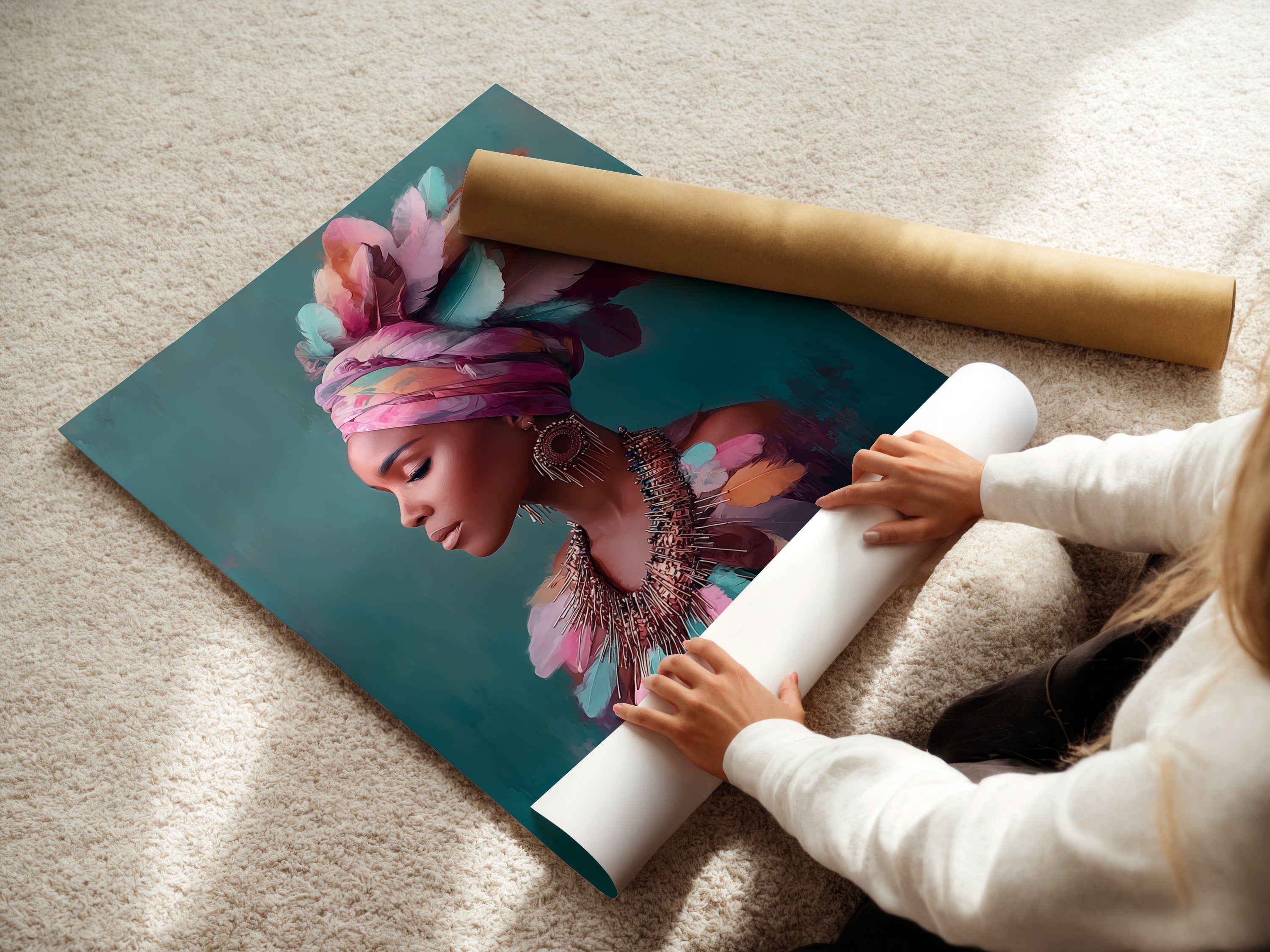 The photo shows a woman carefully rolling a fine art poster paper print. This high-quality print features vibrant colors. It's perfect for adding unique wall decor to your home. Discover the beauty of fine art prints.