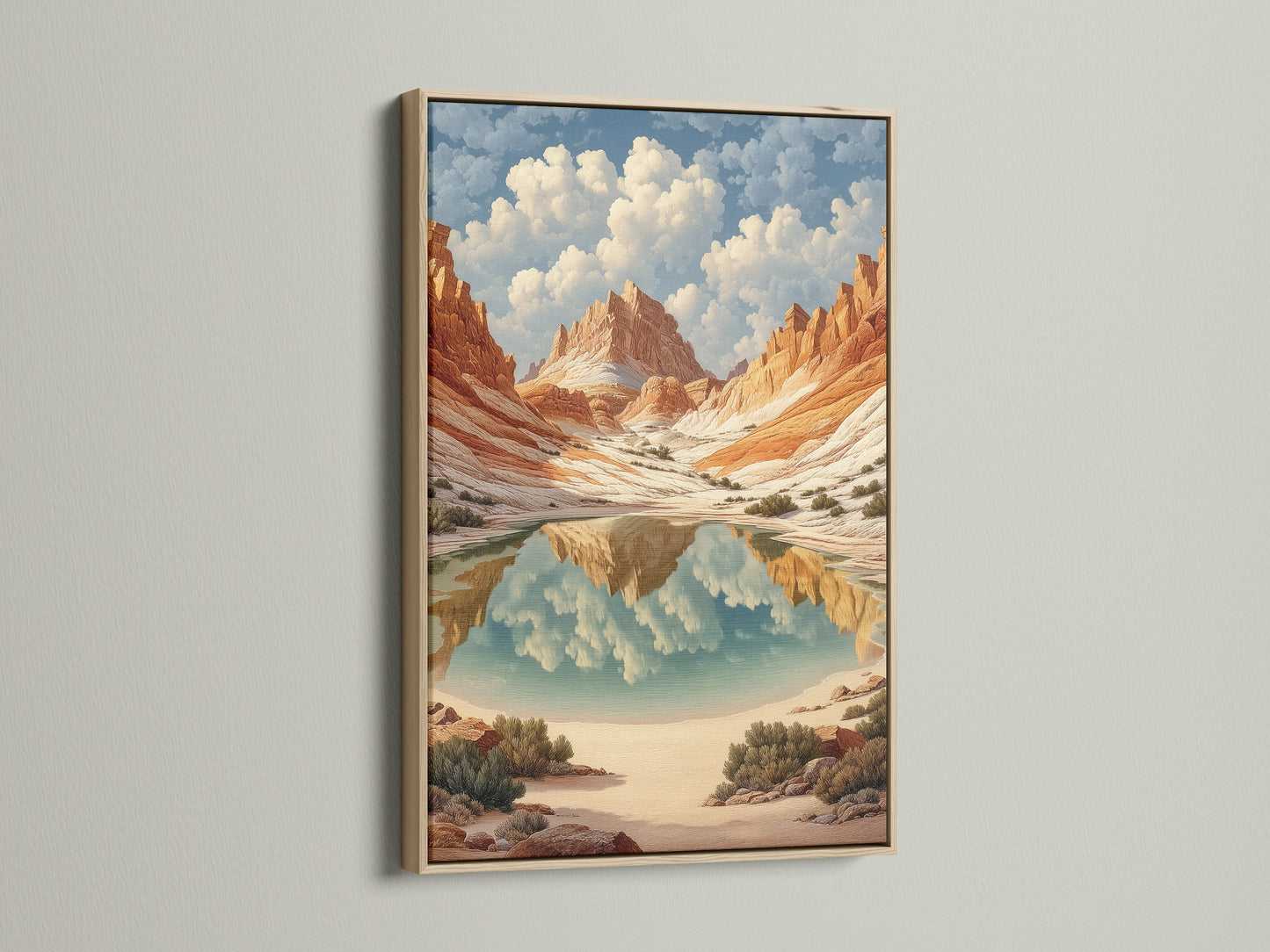 Enhance your space with canyon landscape artwork. This southwest decor piece features a desert canyon art print in an oak frame. The terracotta mountain canvas brings nature indoors creating a serene atmosphere for any room. Perfect as bedroom wall art adding a touch of southwestern charm.