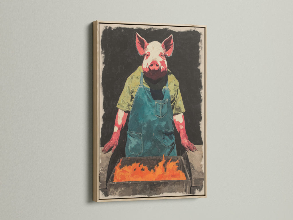 A close-up of the Pig Chef artwork in an oak frame. The print showcases a pig chef at a BBQ. The oak frame enhances the rustic and farmhouse charm. It is perfect for a kitchen or dining room. The animal chef print brings a whimsical touch to your wall decor.