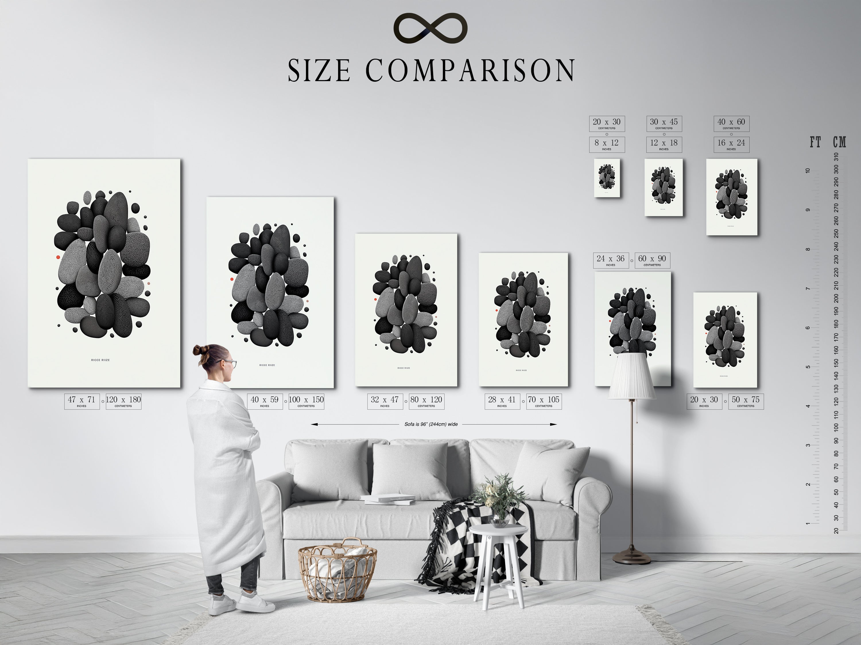 A size comparison chart displayed in an interior setting. See how the Abstract Pebble artwork fits in different spaces. Choose the perfect size for your minimalist black and white wall art. Enhance your modern home decor today.