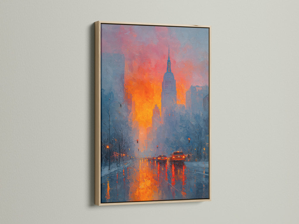 The New York Cityscape canvas print is beautifully displayed in an oak frame. This cityscape canvas art features a stunning sunset skyline. The oak frame enhances the modern impressionist artwork. Ideal for office decor or urban landscape enthusiasts.
