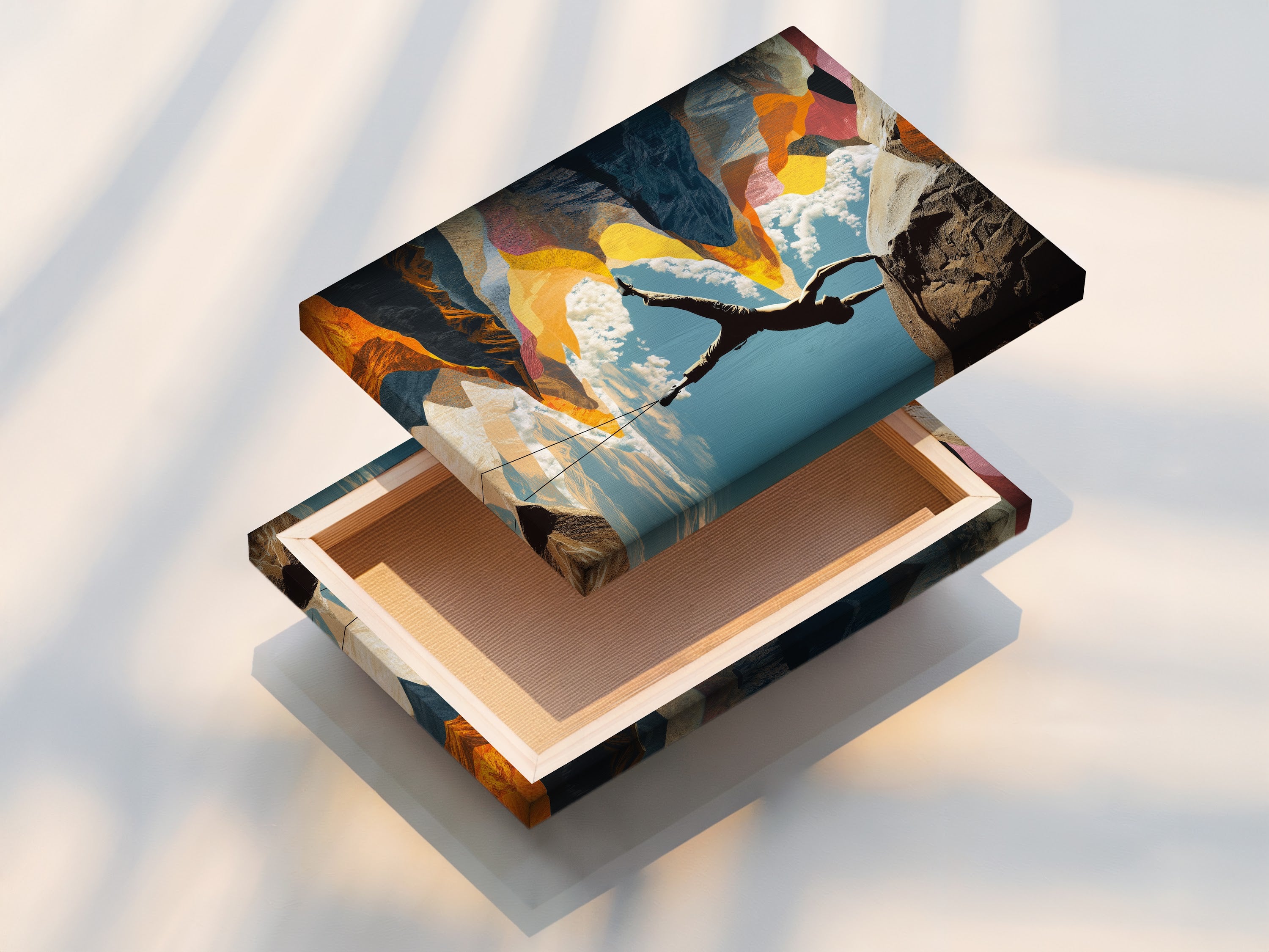 This is a stretched canvas print of rock climbing artwork. The adventure wall art is perfect for any room. It is a mountain sports art piece. It is a great gift for climbers and outdoor adventure lovers. This is great gym wall decor