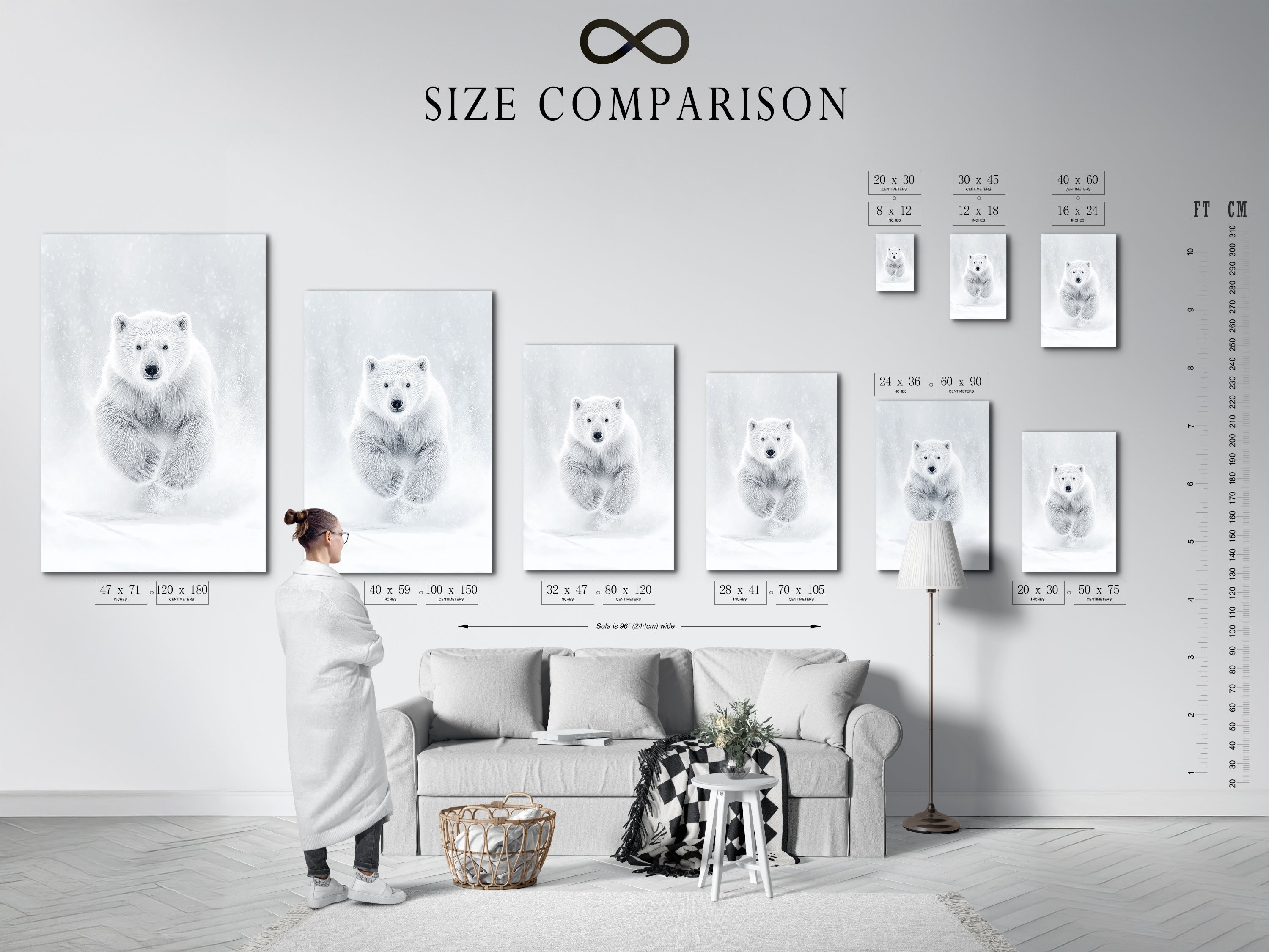 A size comparison chart displayed in an interior setting helps visualize the perfect dimensions for your polar bear artwork. Choose the ideal size to complement your space whether it's a nursery or a contemporary living room wall art.