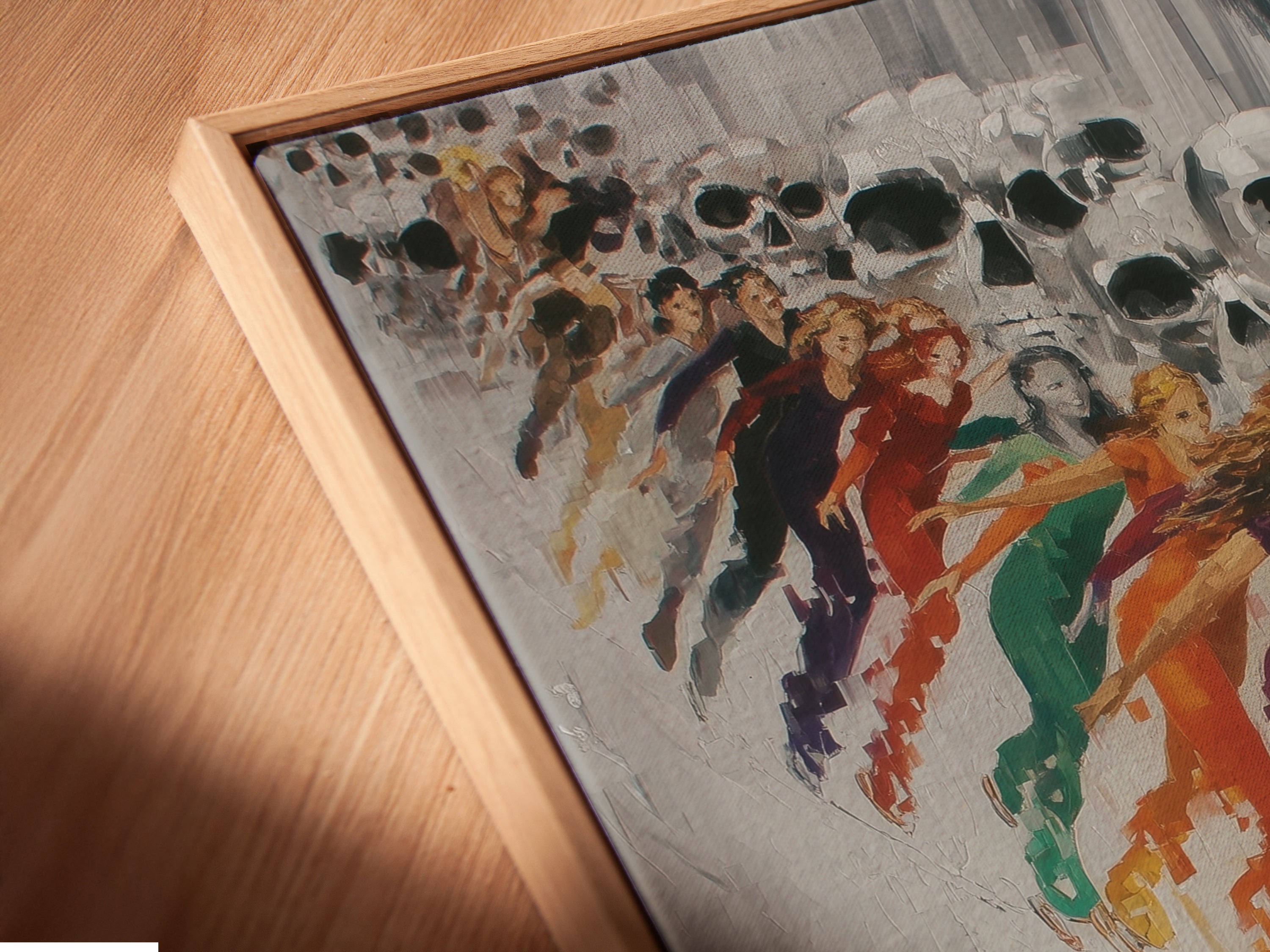 Angled close up of an Abstract Skull Art canvas print in a floating frame. The floating frame gives the artwork a sophisticated gallery look. Perfect for contemporary and modern spaces. The artwork is a unique statement piece.