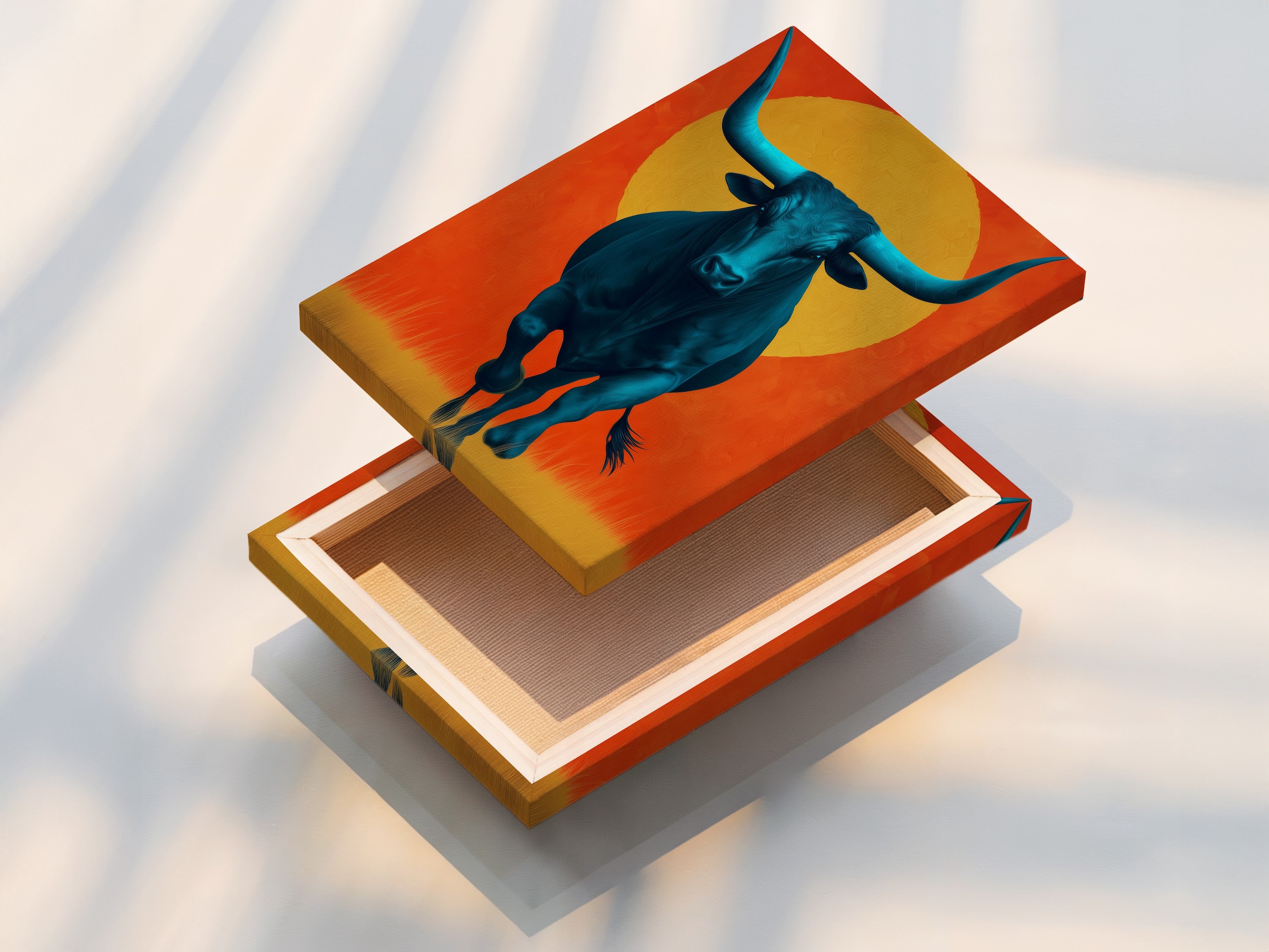 Explore the texture and detail of a stretched canvas print featuring a teal bull. This artwork exemplifies modern farmhouse wall art. The stretched canvas enhances the southwestern style and brings a gallery-like feel to your home. Perfect for animal artwork enthusiasts.