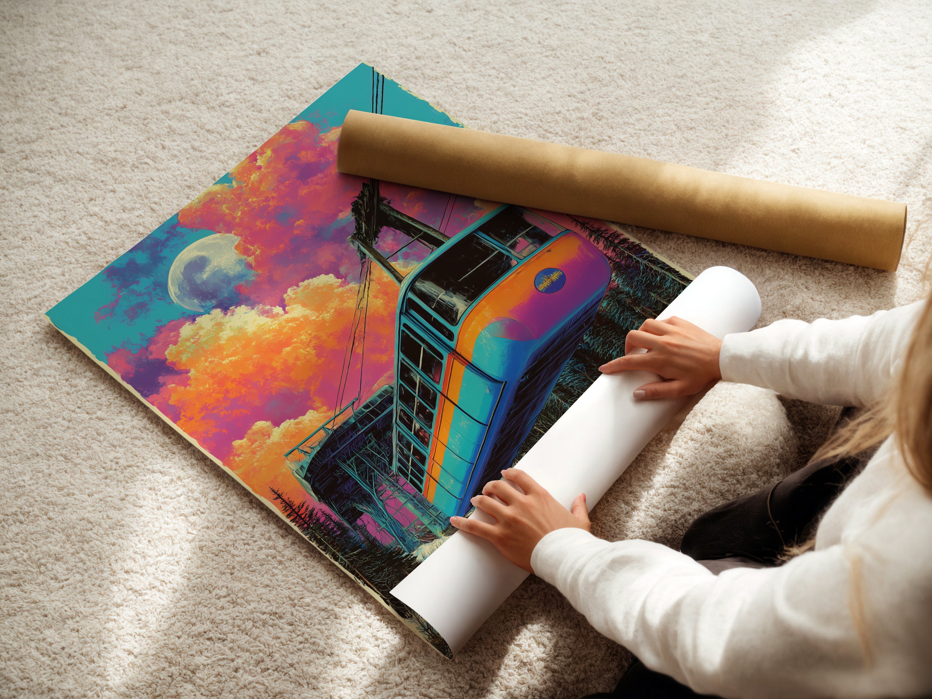 A woman is carefully rolling a fine art poster paper. She is preparing to package and ship a retro cable car artwork print. This vintage ski lift art is perfect for collectors. This mountain railway poster enhances your home decor.