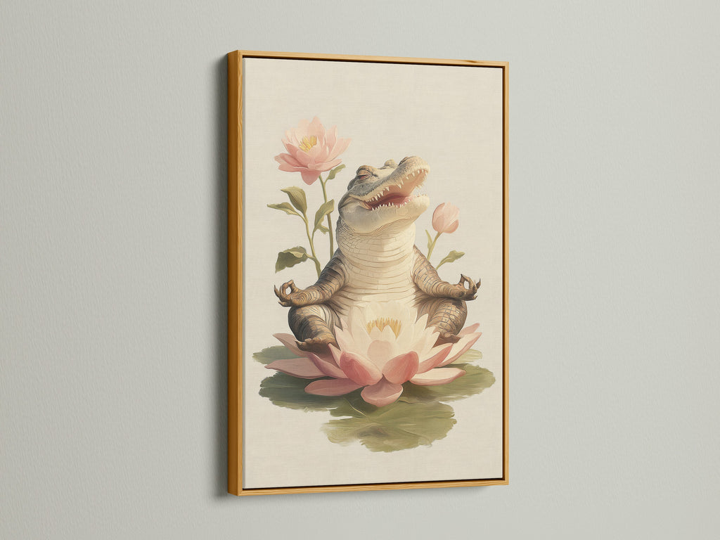 Zen Alligator art print displayed in a gold frame. The artwork features an alligator meditating on a lotus flower. The gold frame adds a touch of elegance. Perfect for adding a bit of Zen humor to your decor.