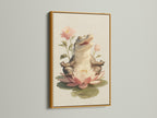 Zen Alligator art print displayed in a gold frame. The artwork features an alligator meditating on a lotus flower. The gold frame adds a touch of elegance. Perfect for adding a bit of Zen humor to your decor.