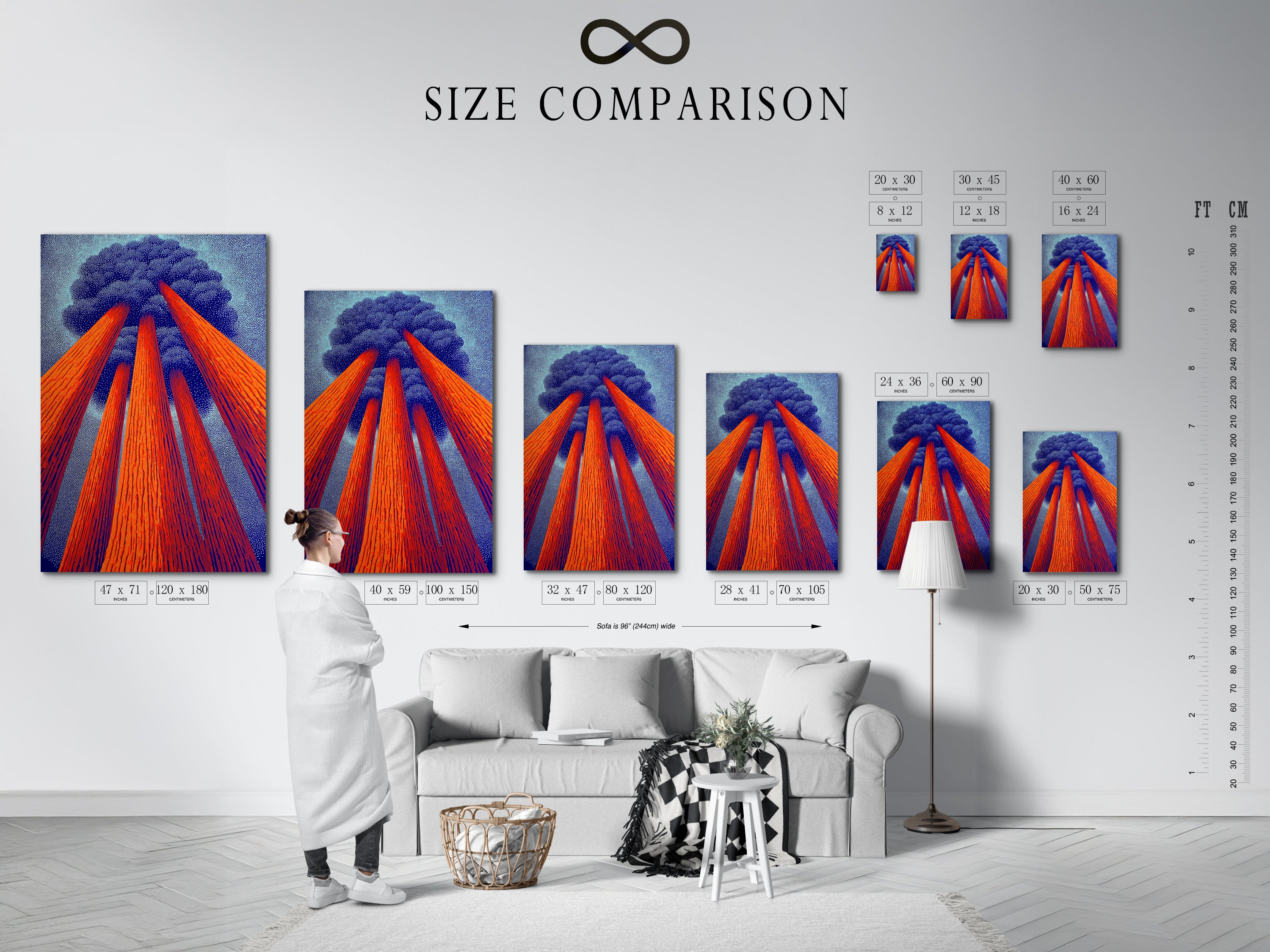 A size comparison chart displays Sequoia art in various sizes within an interior setting. Visualize the perfect fit for your space with this redwood forest artwork. See how modern tree artwork transforms a room. Earth tones complement any decor.