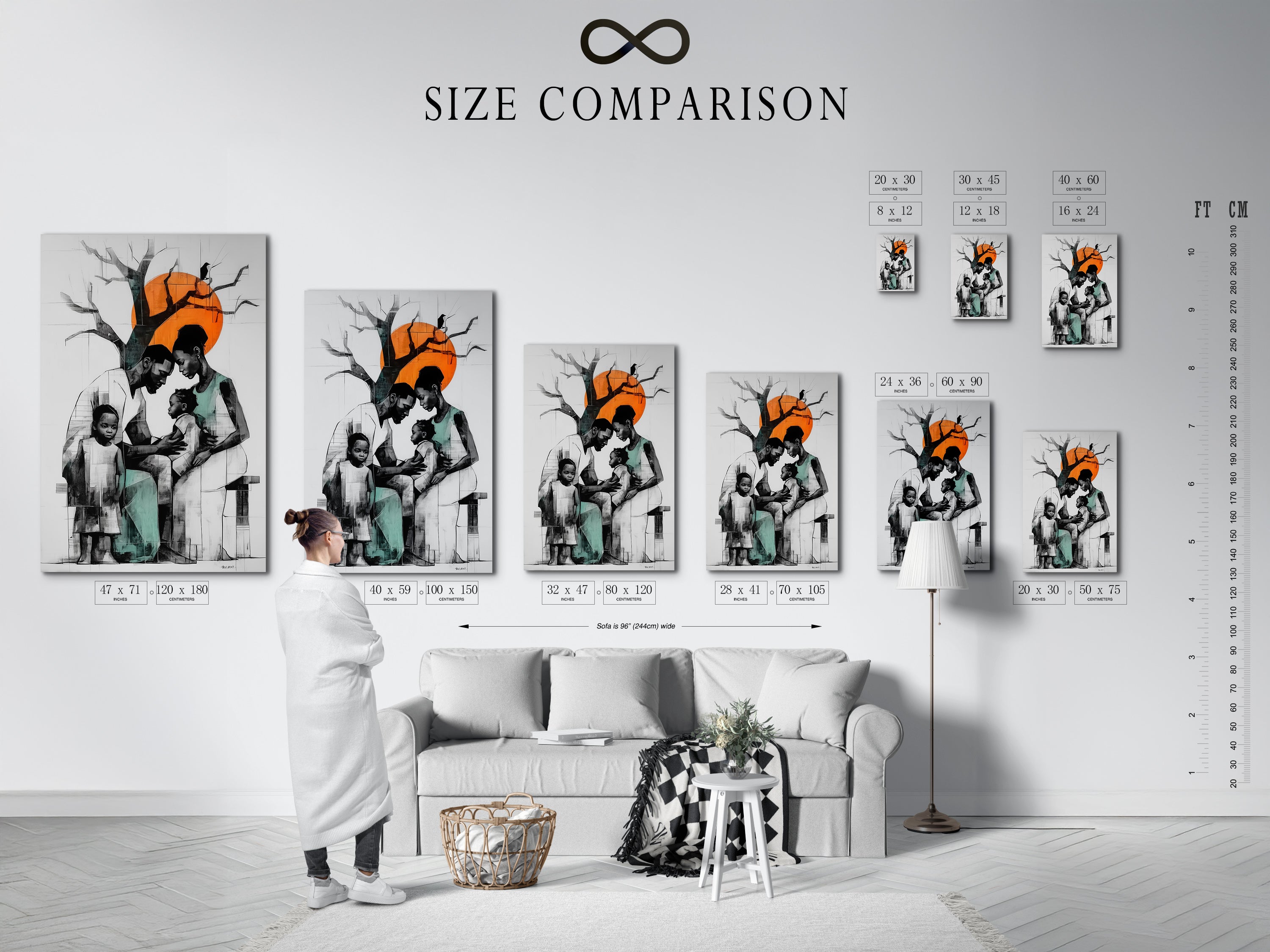 See the size comparison chart in an interior setting. Visualize how this artwork will look in your home. The chart helps you choose the perfect size for your space. Find the ideal fit for your living room bedroom or office.