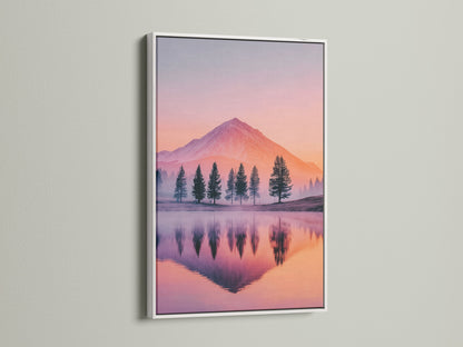 Mountain scene artwork with a white frame. The pastel color nature photography brings peace. This lake canvas is ideal for bedroom art. The artwork enhances modern decor styles. The frame enhances the artwork.