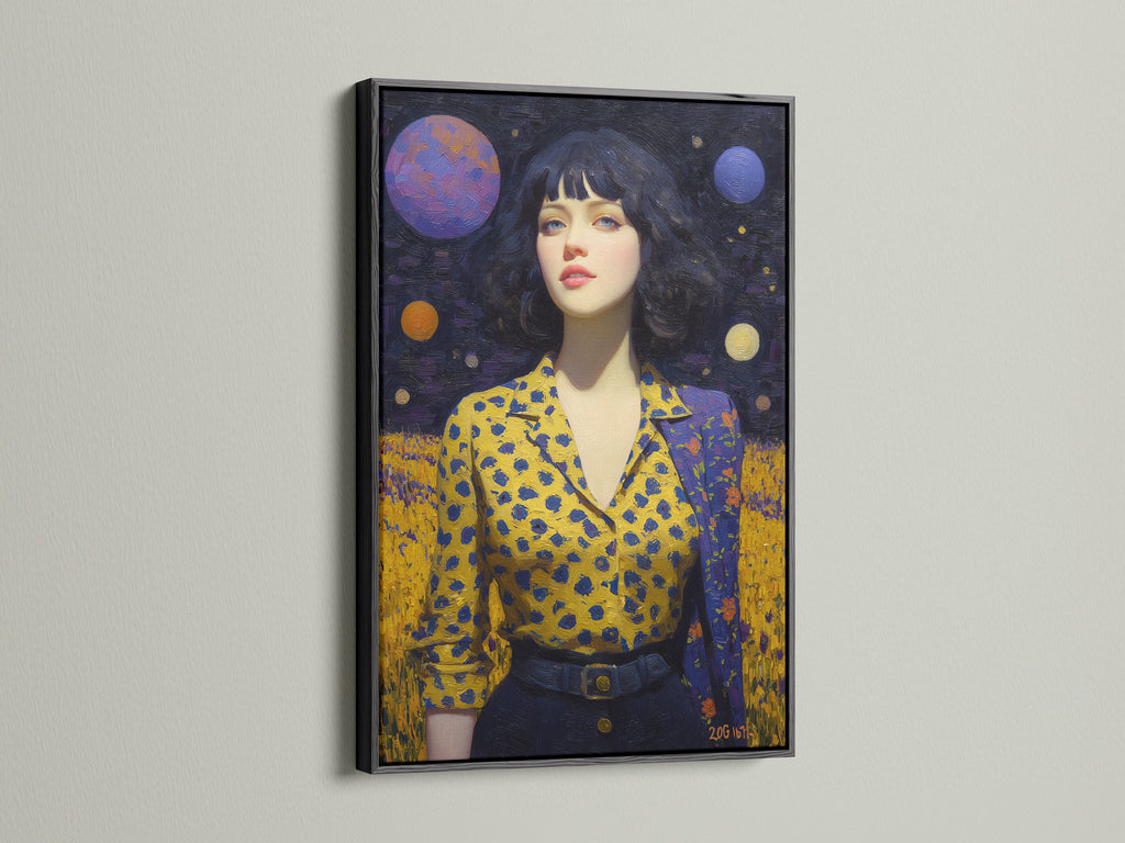 Cosmic Woman Portrait artwork in a black frame. The galaxy wall art adds a modern touch to any space. This surreal woman art is perfect for bedroom decor. The cosmic decor enhances living rooms and creative spaces. It fits contemporary and eclectic styles.