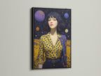 Cosmic Woman Portrait artwork in a black frame. The galaxy wall art adds a modern touch to any space. This surreal woman art is perfect for bedroom decor. The cosmic decor enhances living rooms and creative spaces. It fits contemporary and eclectic styles.