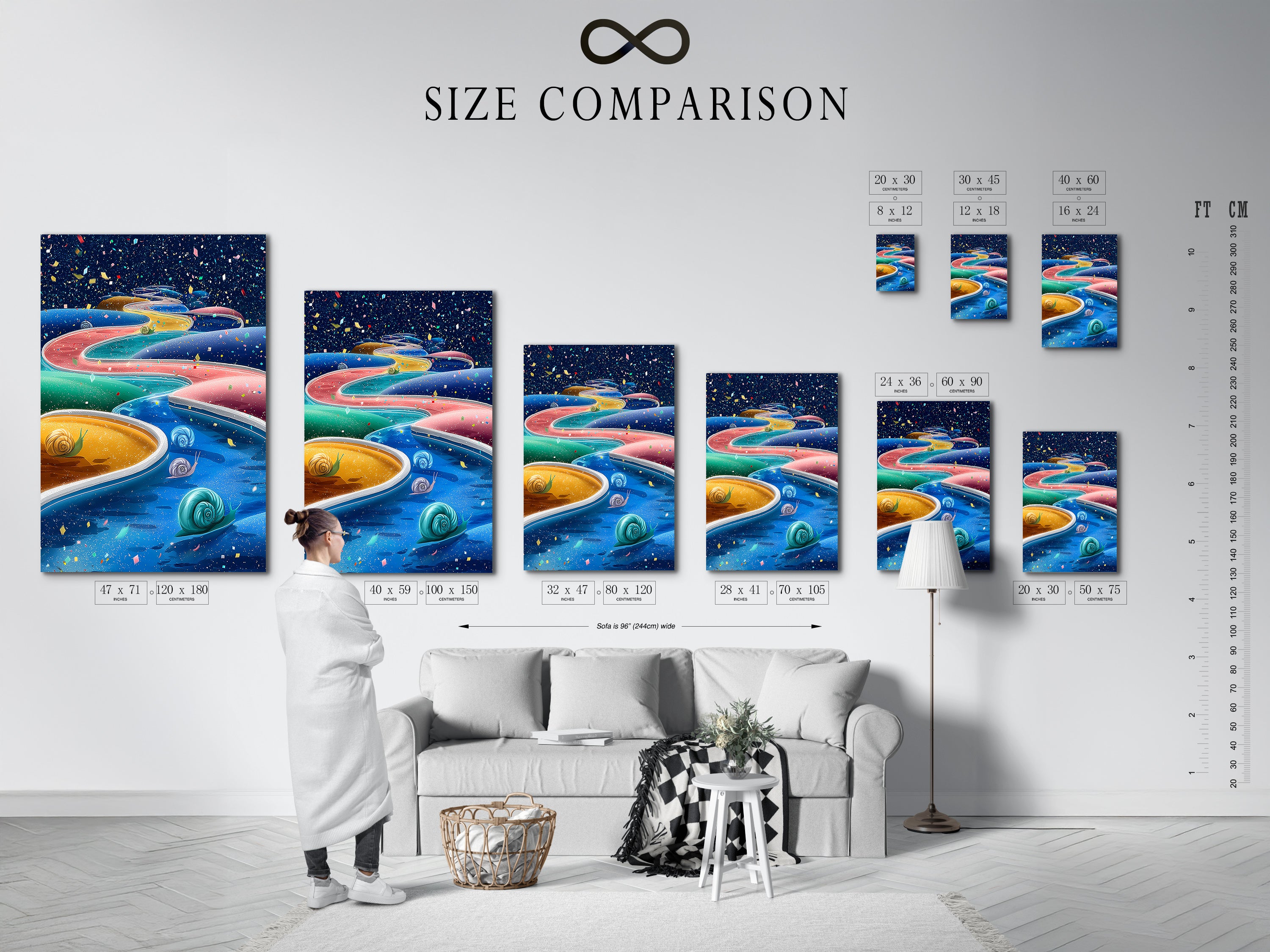 A size comparison chart displays whimsical snail artwork in an interior setting. This colorful abstract piece is perfect for kids room decor. The turquoise blue artwork adds a playful touch. It helps visualize the art in different spaces.