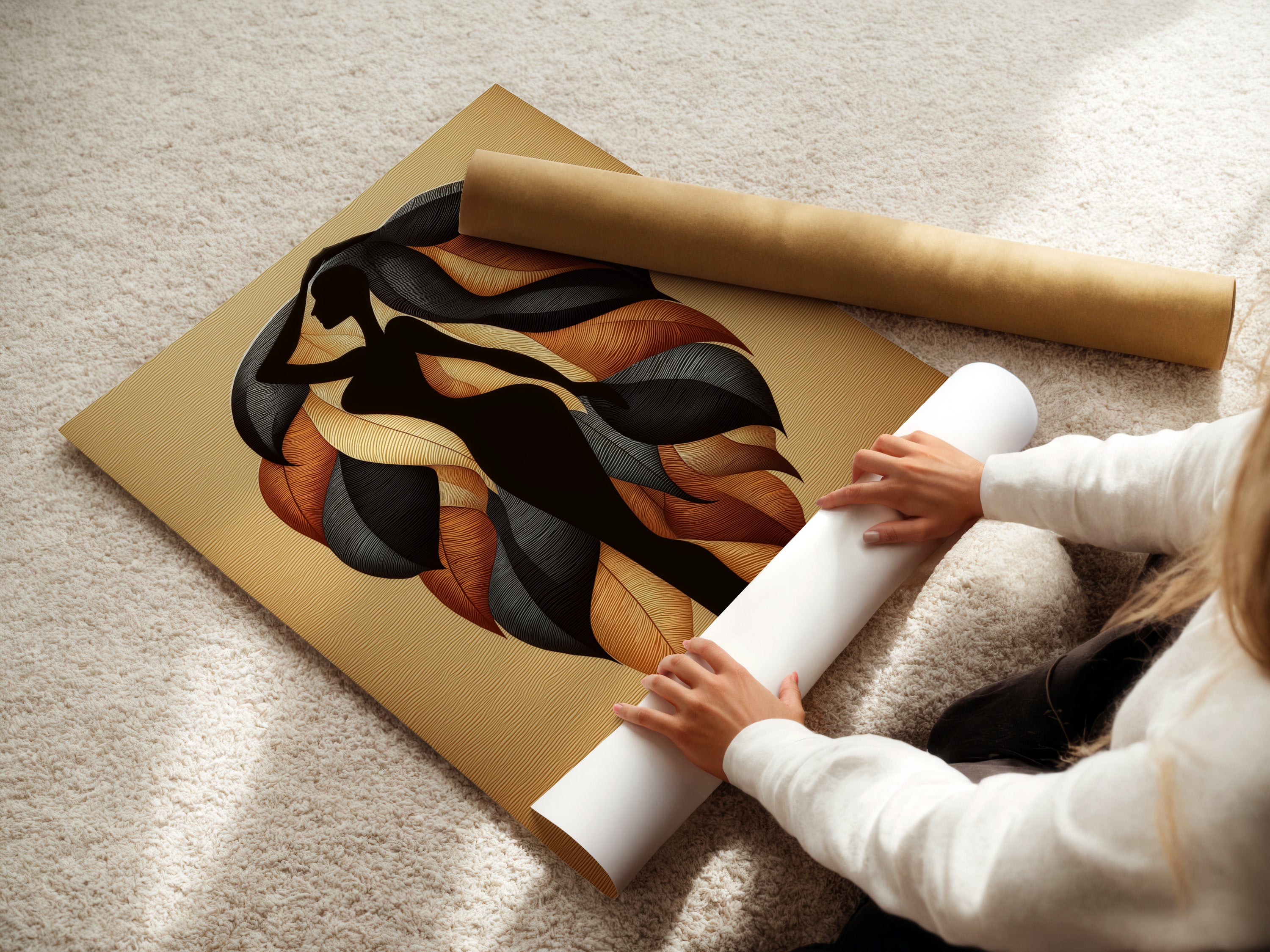 A woman is carefully rolling a fine art poster paper. The paper is for creating beautiful abstract tree art prints. High-quality materials ensure vibrant and lasting artwork. Perfect for autumn wall art and botanical canvas prints. Ideal for homeowners and interior designers seeking modern tree prints. This is the first step for amazing wall decor.