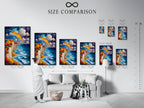 Size comparison chart in an interior setting. See how our aviation artwork fits your space. Coastal cliff wall art in various sizes. The art shows a seascape with a blue ocean. Find the perfect adventure print for your home. Perfect for travel themed spaces. Transform your decor today.