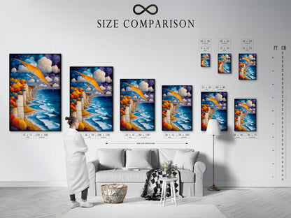 Size comparison chart in an interior setting. See how our aviation artwork fits your space. Coastal cliff wall art in various sizes. The art shows a seascape with a blue ocean. Find the perfect adventure print for your home. Perfect for travel themed spaces. Transform your decor today.