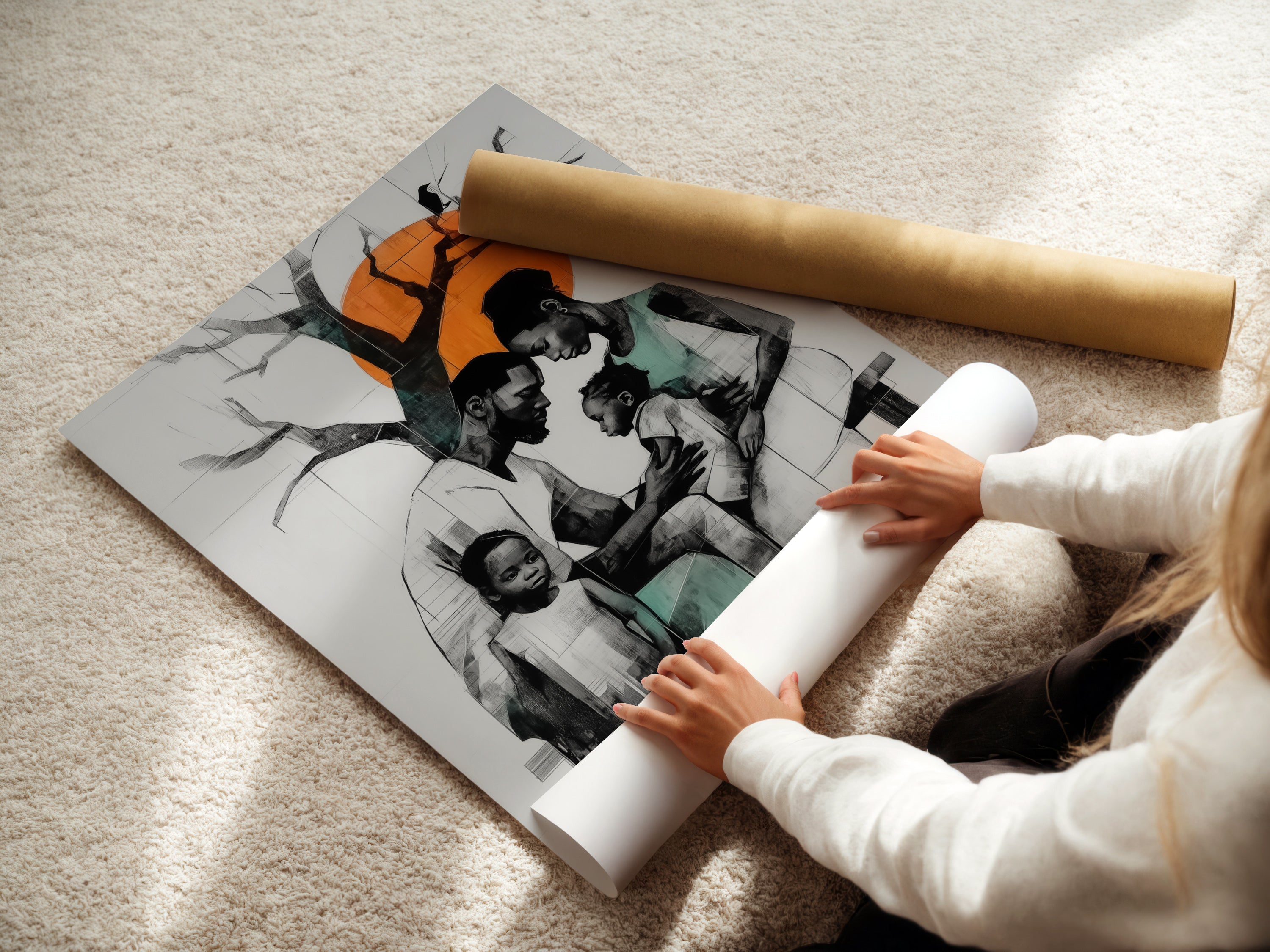 A woman is carefully rolling a fine art poster paper. The high-quality paper ensures vibrant colors and sharp details. This poster paper is perfect for printing your favorite artwork. This print is ideal for any art lover or homeowner.