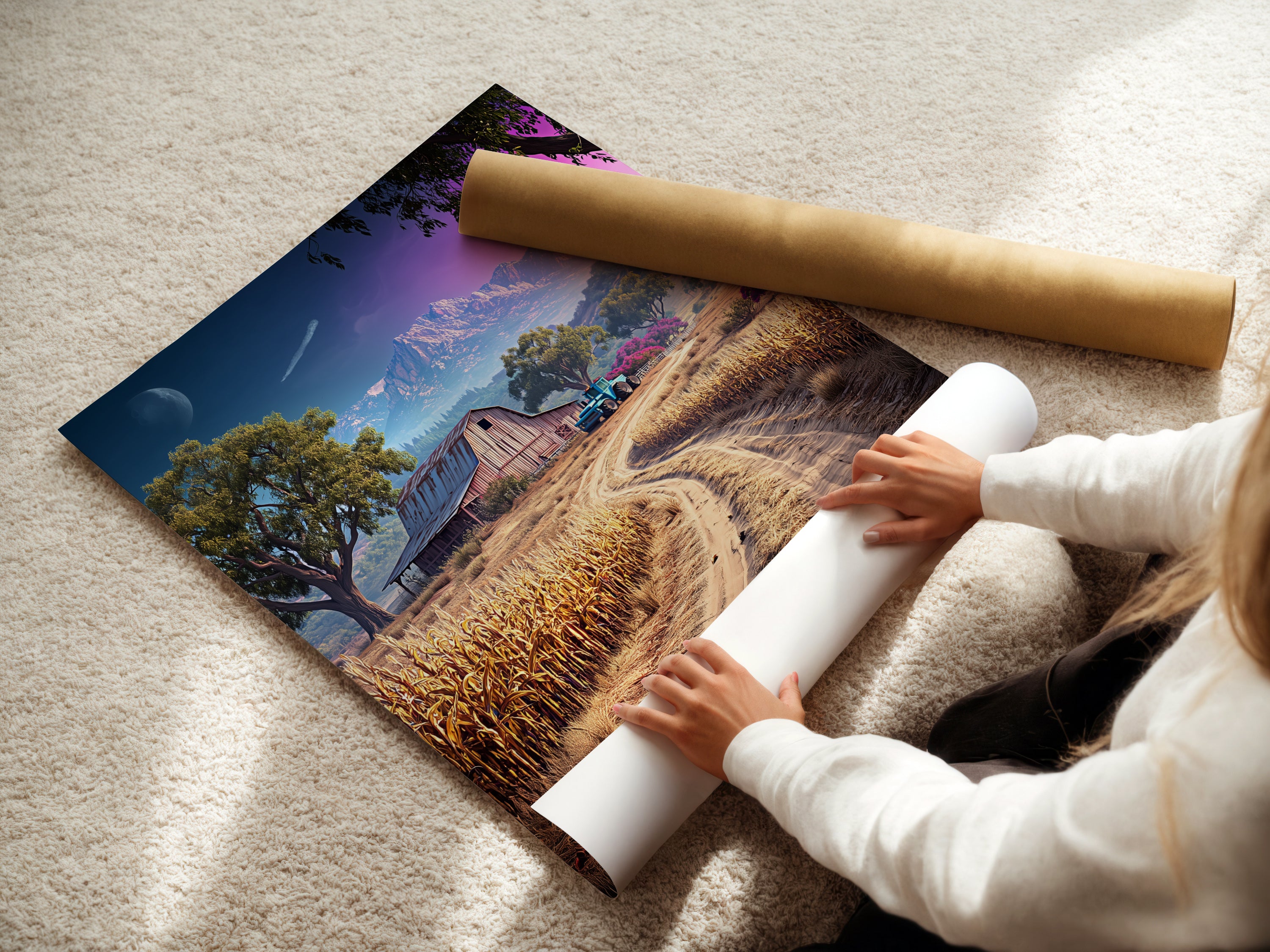 A woman is carefully rolling a fine art poster paper. The paper is a farm landscape artwork. The rustic barn scene is perfect for farmhouse decor. This countryside artwork is ideal for a dining room or living room. The vintage farm art brings a touch of rural charm to any space. Get your fine art poster paper today