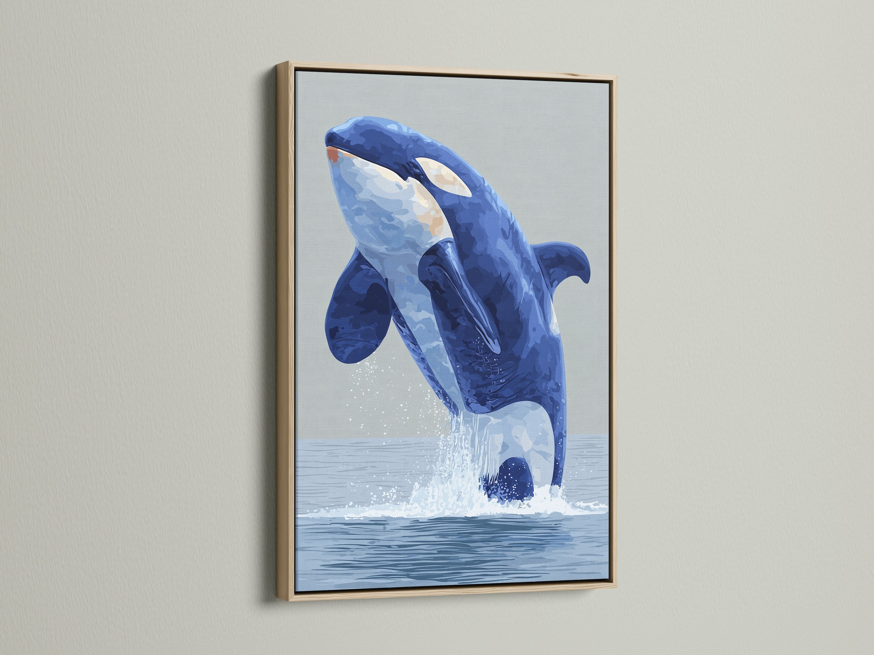 Enhance your home with our Orca Whale canvas print. This captivating oak frame art features a majestic blue whale. It will bring a touch of the ocean to any room. Ideal for coastal wall decor. Explore our marine animal artwork. It is perfect for creating a serene and stylish atmosphere. Shop now and dive into our collection.