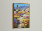 The gold frame adds elegance to the desert wildflower artwork. This colorful landscape print exudes sophistication. The gold frame enhances the floral canvas art. It is perfect for adding a touch of luxury to your Southwest decor. Consider this desert landscape art.
