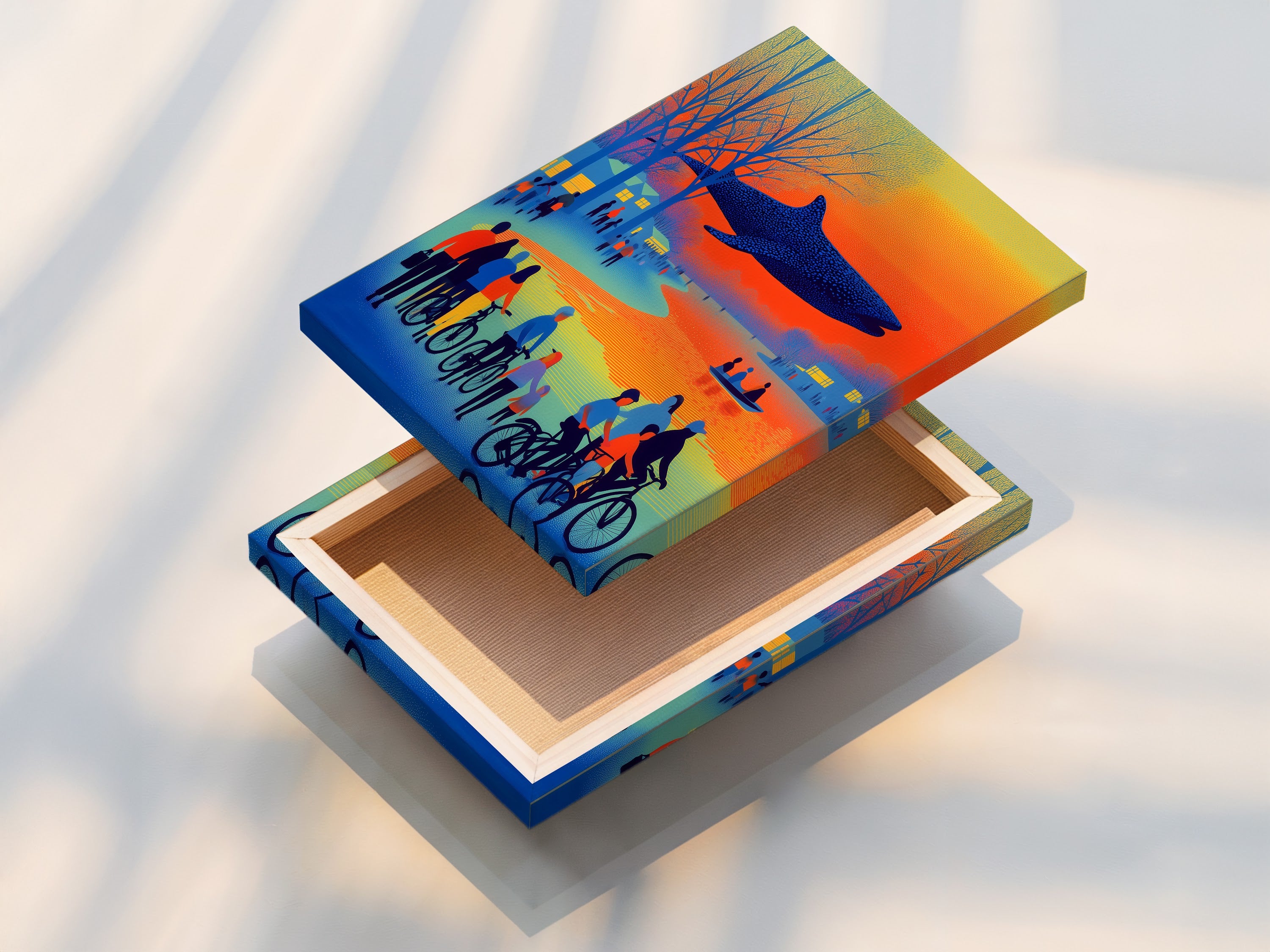 This is a stretched canvas print featuring a surreal whale. The retro artwork depicts lakeside bicyclists in orange and blue. This is ready to hang and easy to display. Elevate your living room or office decor. This artwork is perfect for eclectic styles. A perfect blend of vintage and modern art.