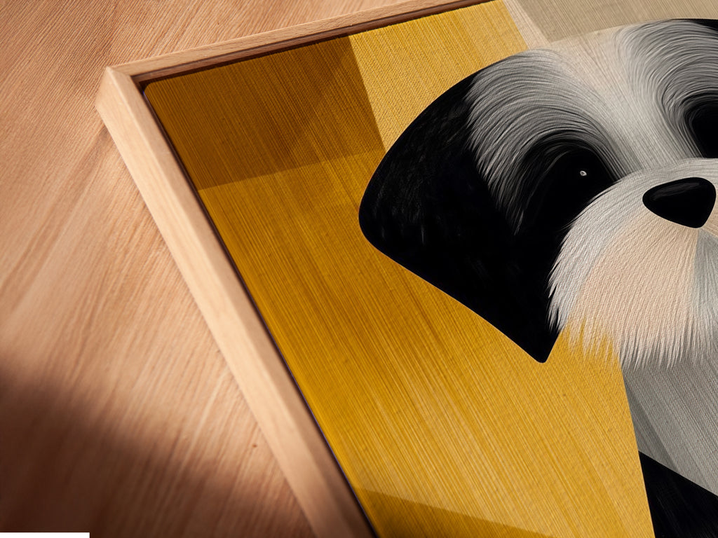 A close-up shot reveals a canvas print in a floating frame. The angled view highlights the texture and depth of the artwork. This modern geometric pet wall art is ready to hang. The floating frame enhances the minimalist print. It creates a gallery-like appearance. A perfect scandi decor accent.