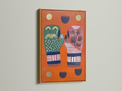 A gold frame highlights the abstract hands artwork. The colorful graphic print showcases modern folk art. The gold frame adds a touch of elegance. This vibrant art is perfect for living rooms studios and lobbies. It complements eclectic modern and artistic decor styles. The artwork is a unique statement piece.