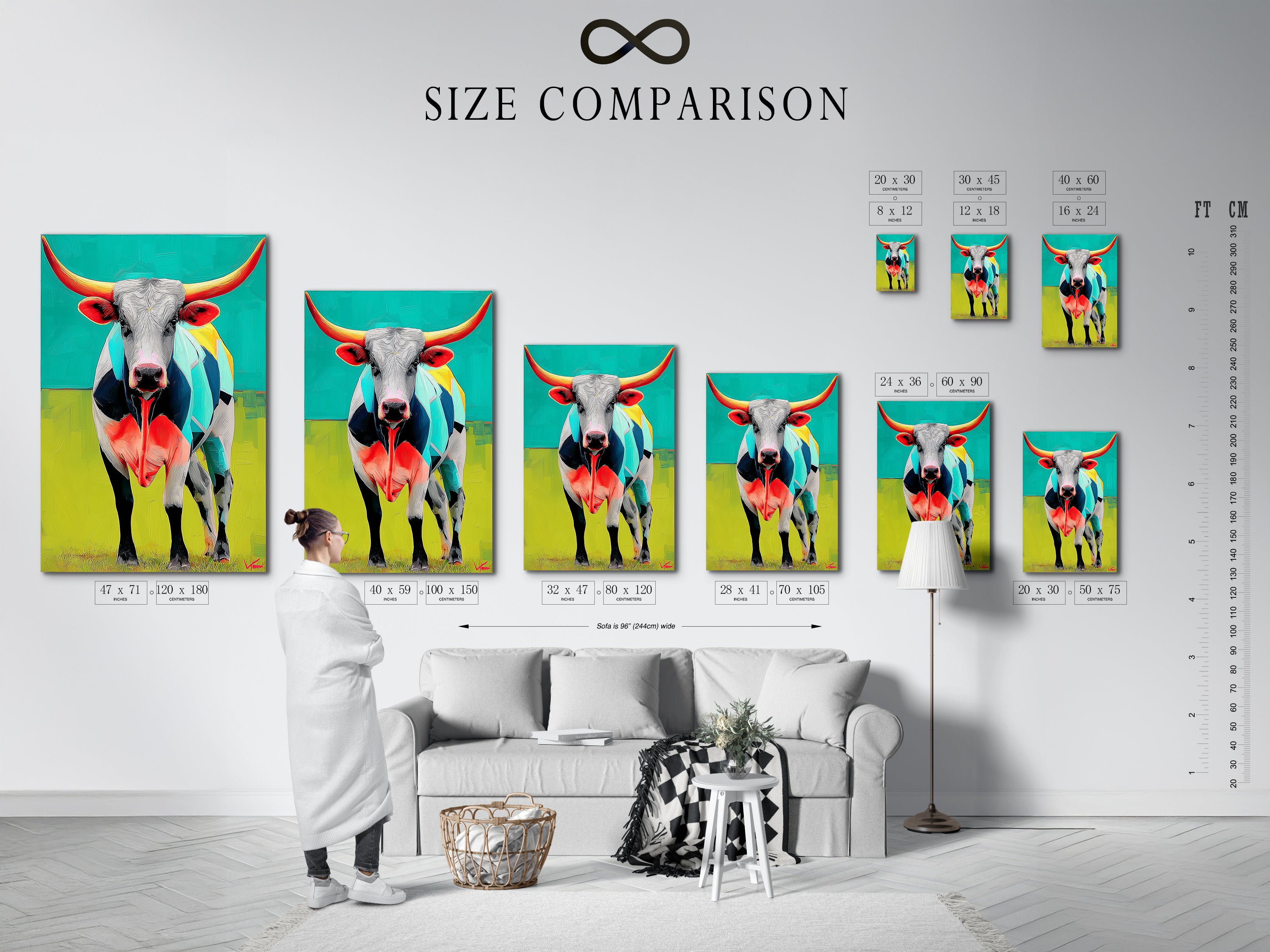 A size comparison chart is displayed in an interior setting. Visualize how the Longhorn Steer artwork fits your space. Choose the perfect size for this modern animal artwork. The farmhouse decor is easy to plan with this chart. The steer painting size options are clearly presented. Ensure the perfect fit for your contemporary art.