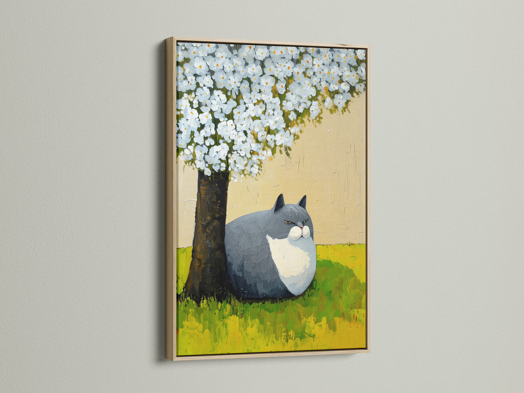 This is a charming cat under tree artwork in an oak frame. The animal canvas print brings a spring blossom theme to nurseries. This cute cat artwork is perfect for bedroom wall decor. It is a unique animal-themed wall art that fits contemporary minimalist styles.